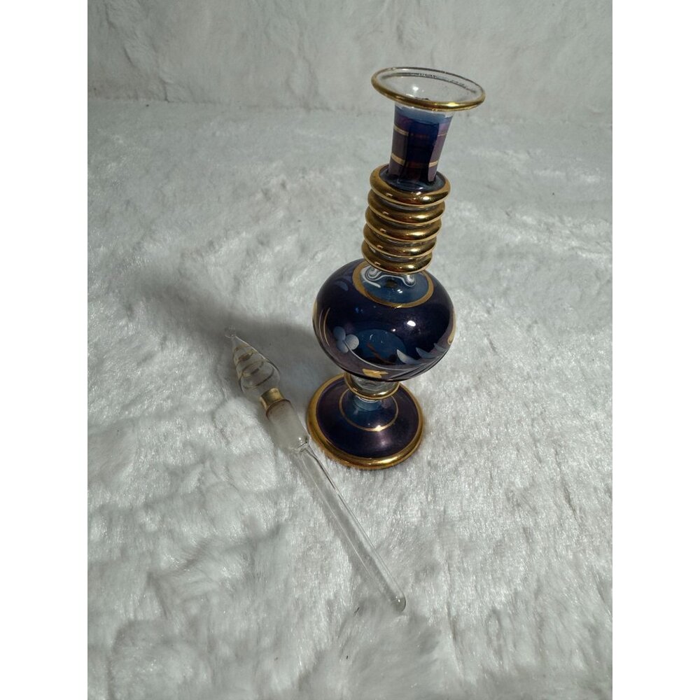 Handcrafted Egyptian Glass Perfume Bottle With Gold Accents Dark Blue & Gold - Picture 5 of 8